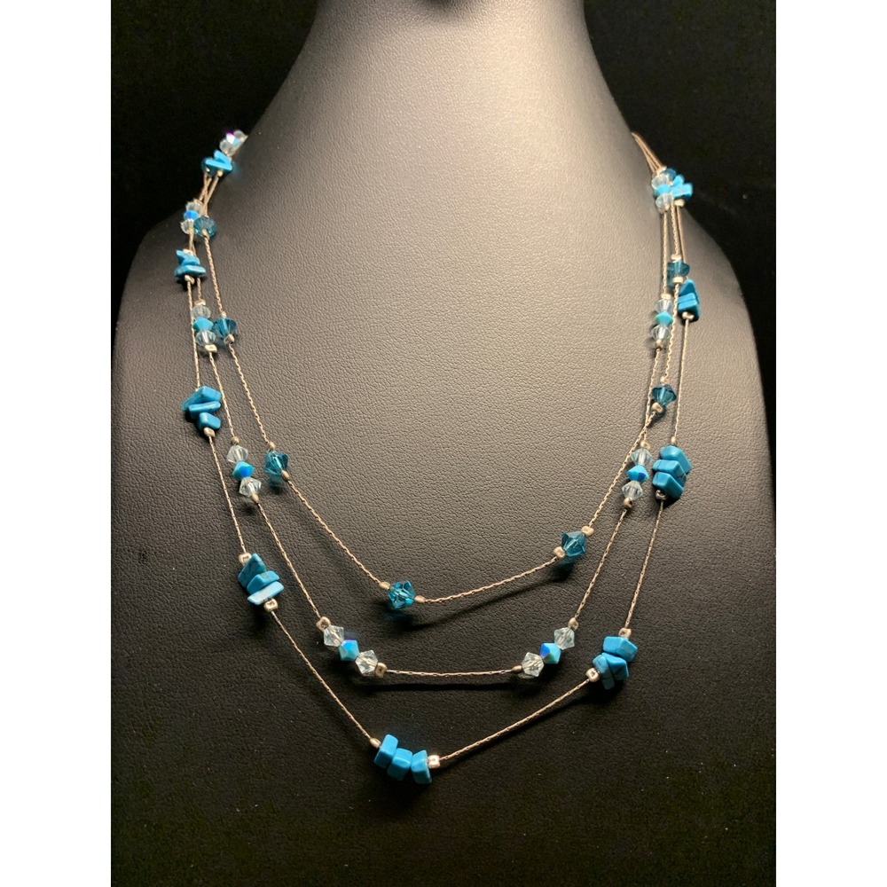 925 Sterling Silver Blue Stone Crystal Triple Strand Necklace 18in